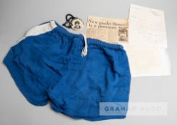 A pair of Peter Bonetti blue Chelsea shorts, circa 1970, by Umbro, white stripes to the sides,