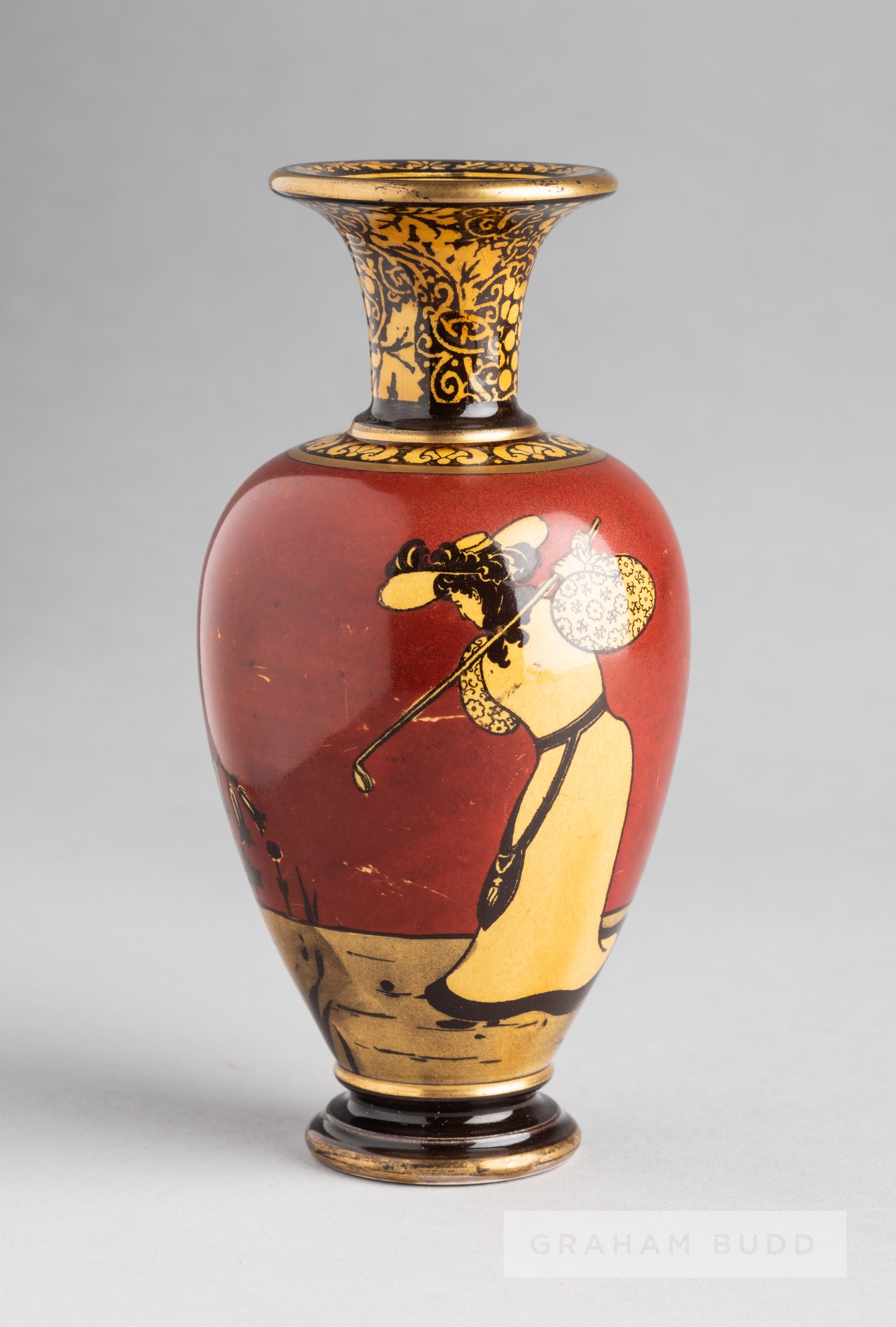 Royal Doulton Morrisian Ware golfing vase, circa 1910, of baluster form with flared rim and narrow