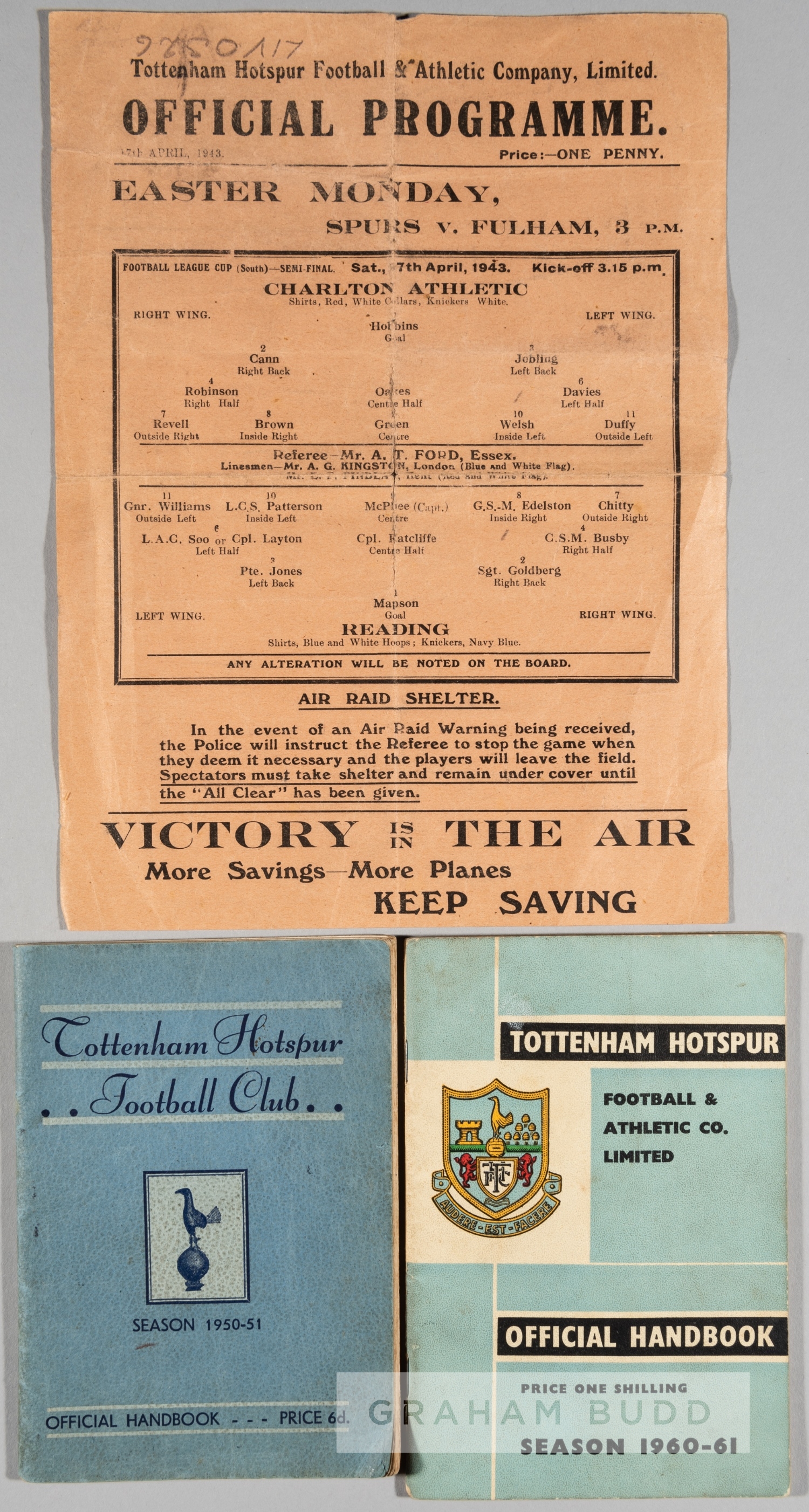 44 Tottenham Hotspur home programmes, Charlton v Reading (War Cup Semi-final) at White Hart Lane