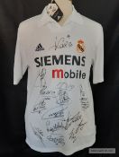 Squad signed white Real Madrid home replica jersey, season 2002-03, short-sleeved, signed to front