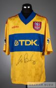 Tomas Brolin signed yellow and blue Crystal Palace No.12 away jersey v Arsenal played at Highbury