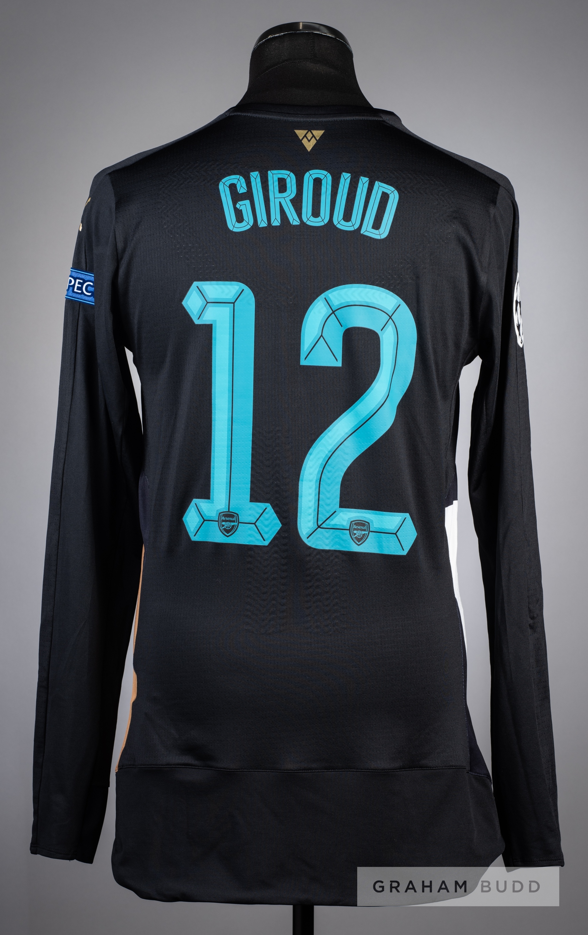 Olivier Giroud black Arsenal No.12 third choice UEFA Champions League jersey, season 2015-16, long- - Image 2 of 2