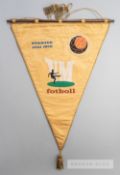Official pennant for the 1958 World Cup in Sweden, yellow satin ground printed with the official