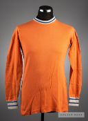 Orange Oldham Athletic No.8 home jersey circa 1966, by Umbro, long-sleeved, blue and white hooped