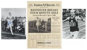 Two signed framed photographs of 1950s athletics legends Roger Bannister and Emil Zatopek, both b&w,