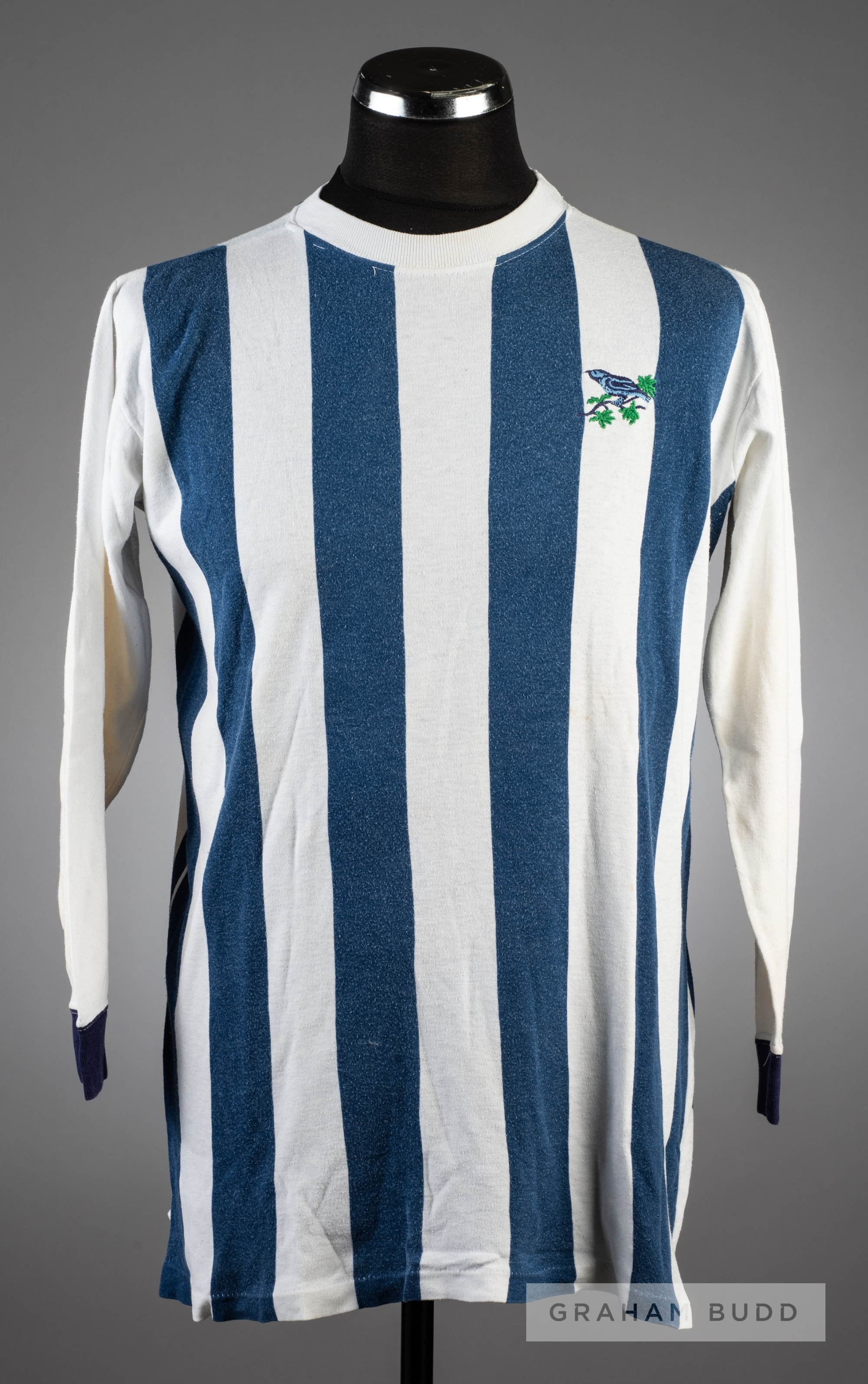 Blue and white striped West Bromwich Albion No.9 home jersey circa 1969, by Umbro, white long-