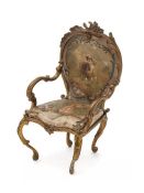 Continental gilt metal and upholstered miniature fauteuil a la reine, with tennis-themed scenes,