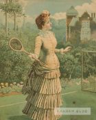 A fine large and original chromolithograph image of a young girl playing tennis, image measures 44