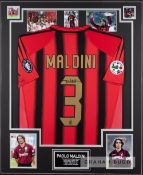 Maldini signed red and black AC Milan No.3 home replica jersey,  short-sleeved, with LEGA CALCIO