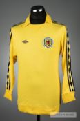 Alan Rough yellow Scotland No.1 goalkeeping jersey mid-1970s, by Umbro, long-sleeved with black