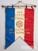 Official French football pennant dated 1959, red, white and blue satin ground, gilt wire inscription