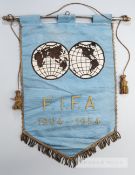 Official F.I.F.A pennant for the 1954 World Cup, blue satin ground with F.I.F.A twin globes emblem