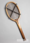 An English, William Sykes Ltd, Norbury, London, 13 1/2oz fishtail lawn tennis racquet, the fine