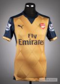 Gabriel gold and navy Arsenal No.5 away jersey, season 2015-16, short-sleeved, with BARCLAYS PREMIER