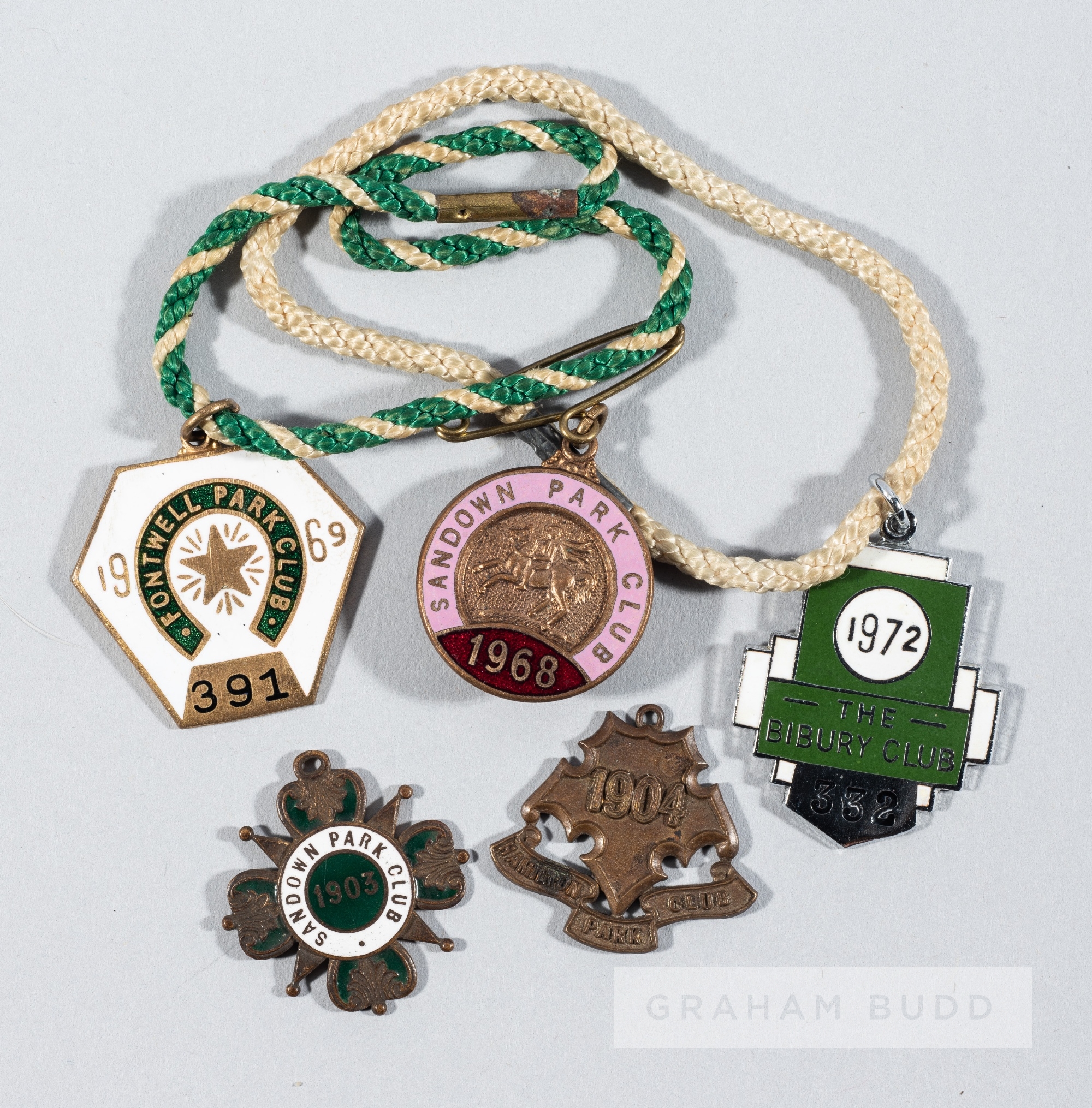 Race course badges for Sandown Park Club 1903, Hamilton Park Club 1904, Sandown Park Club 1968,