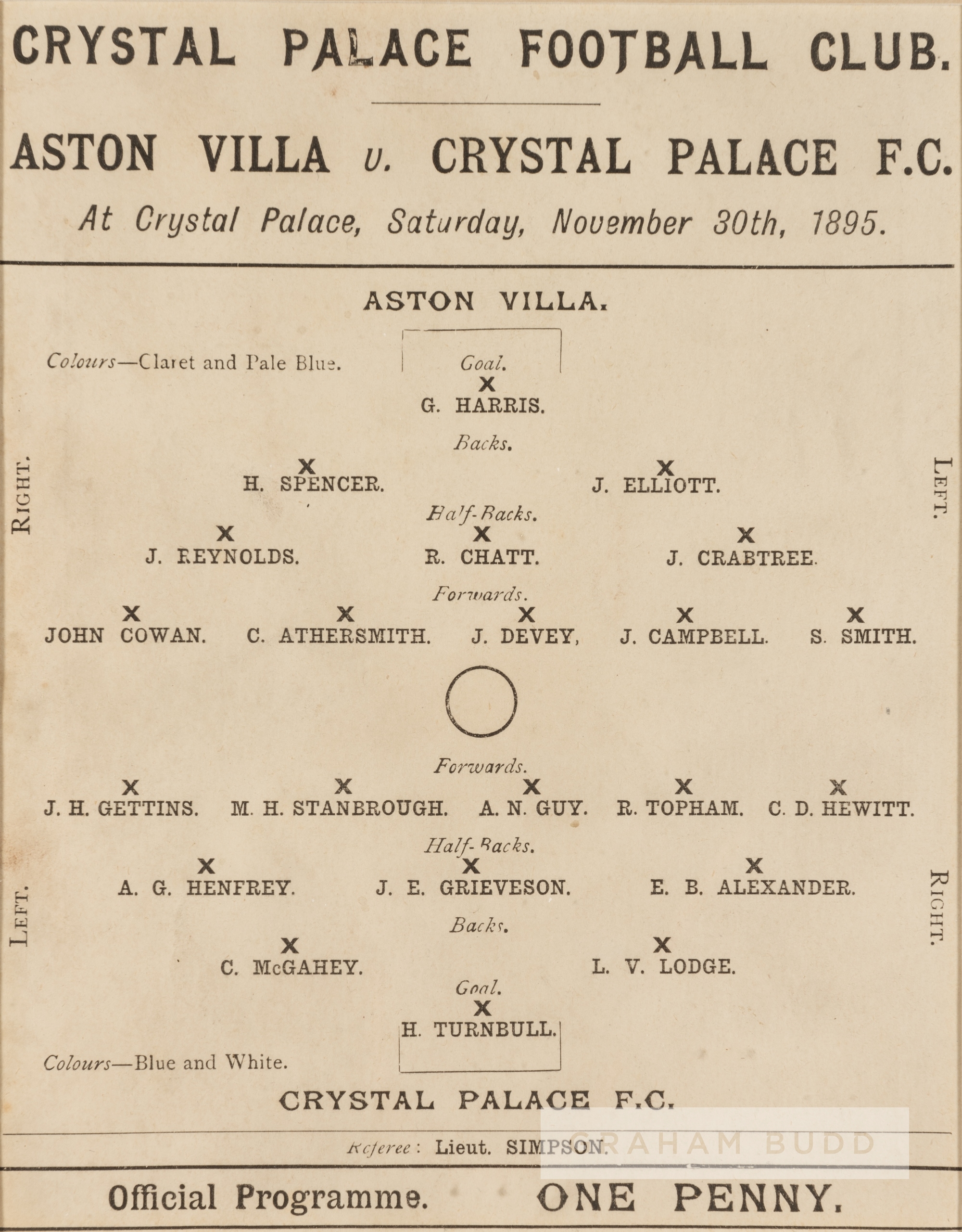 Crystal Palace v Aston Villa programme played at the Crystal Palace Stadium 30th November 1895,