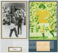 Two signed framed photographs of football legends Pele and George Best, the Pele a 10 by 6 1/2in.