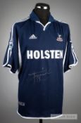 Stephen Carr signed navy and white Tottenham Hotspur No.2 away jersey, season 2000-01, short-