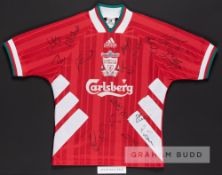 Team-signed red Liverpool 'Spice Boys' era home replica child's jersey, season 1993-95, short-