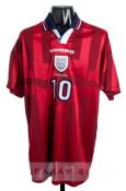 Teddy Sheringham red England No.10 away jersey, issued for the Tournoi de France in 1997, short-