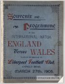 Programme for the England v Wales international match played at Anfield, Liverpool, 27th March 1905,