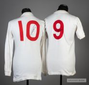 A pair of signed Geoff Hurst white England jersey's, 1960s, both without three lions badges,