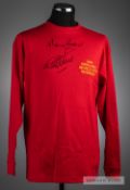 Geoff Hurst and Martin Peters signed red official retro 1966 England World Cup Winners jersey v West