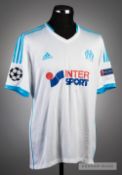 Andre-Pierre Gignac white and blue Olympique Marseille No.9 jersey v Arsenal in the UEFA Champions