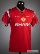 Bryan Robson signed red Manchester United 1985 F.A. Cup Final retro jersey, short-sleeved with