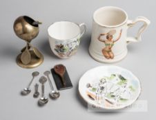 Tennis related memorabilia including silver teaspoons, paperclip, ashtray and porcelain teacup