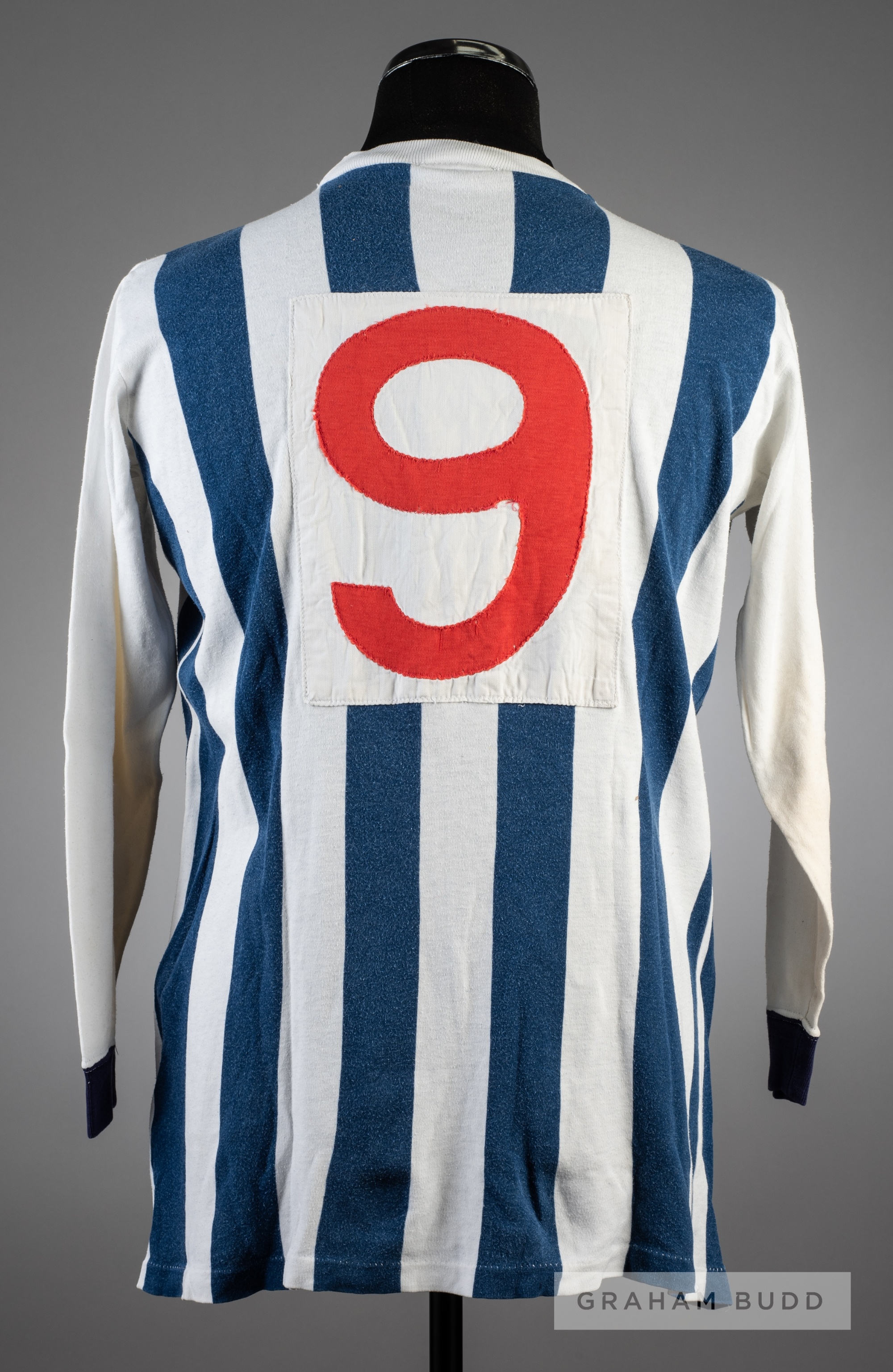 Blue and white striped West Bromwich Albion No.9 home jersey circa 1969, by Umbro, white long- - Image 2 of 2