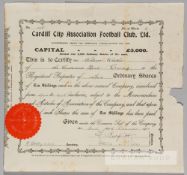 Cardiff City original share certificate, issued on 6th December 1910, No.145 for two shares in club,