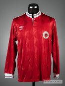 Red Albania No.3 jersey from the 1989 UEFA U-21 championships v England, by Umbro, long-sleeved,