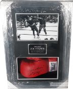 Joe Frazier signed boxing glove and photograph display, red Everlast glove, signed Smokin' Joe