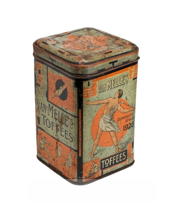 An original 1928 Amsterdam Olympic Games Van Melle’s Toffees tin, of tall square proportions with