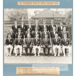 Black and white team photograph of the 25th Australian Cricket tour to England, 1968, with typed