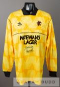 Chris Woods signed yellow Glasgow Rangers no.1 goalkeeper's jersey, circa 1989, by Umbro, long-