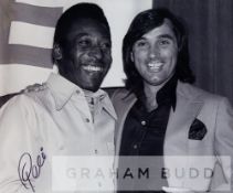 Large Pele signed b&w photographic print featuring his meeting with George Best, signed in black