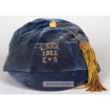 England v Scotland Schoolboys' international cap awarded in 1922, the navy velvet cap with gilt
