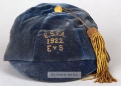 England v Scotland Schoolboys' international cap awarded in 1922, the navy velvet cap with gilt