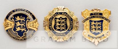 Three Football Association Councillor badges awarded to A.E. Mills, for 1925-26, 1928-29 and 1929-