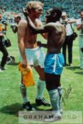 Pele signed colour photographic print swapping jerseys with Bobby Moore at the 1970 World Cup,