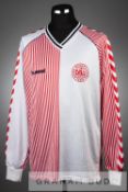 Jesper Olsen white, red and navy Denmark no.8 away jersey, season 1986-87, long-sleeved with country