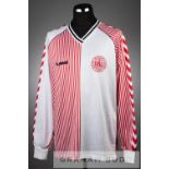 Jesper Olsen white, red and navy Denmark no.8 away jersey, season 1986-87, long-sleeved with country