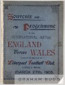 Programme for the England v Wales international match played at Anfield, Liverpool, 27th March 1905,