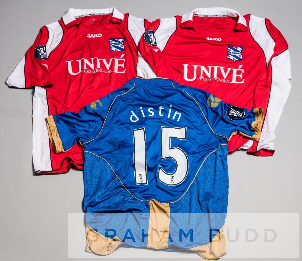 Sylvain Distin signed blue and gold Portsmouth no.15 jersey v SC Heerenveen in the UEFA Cup Group