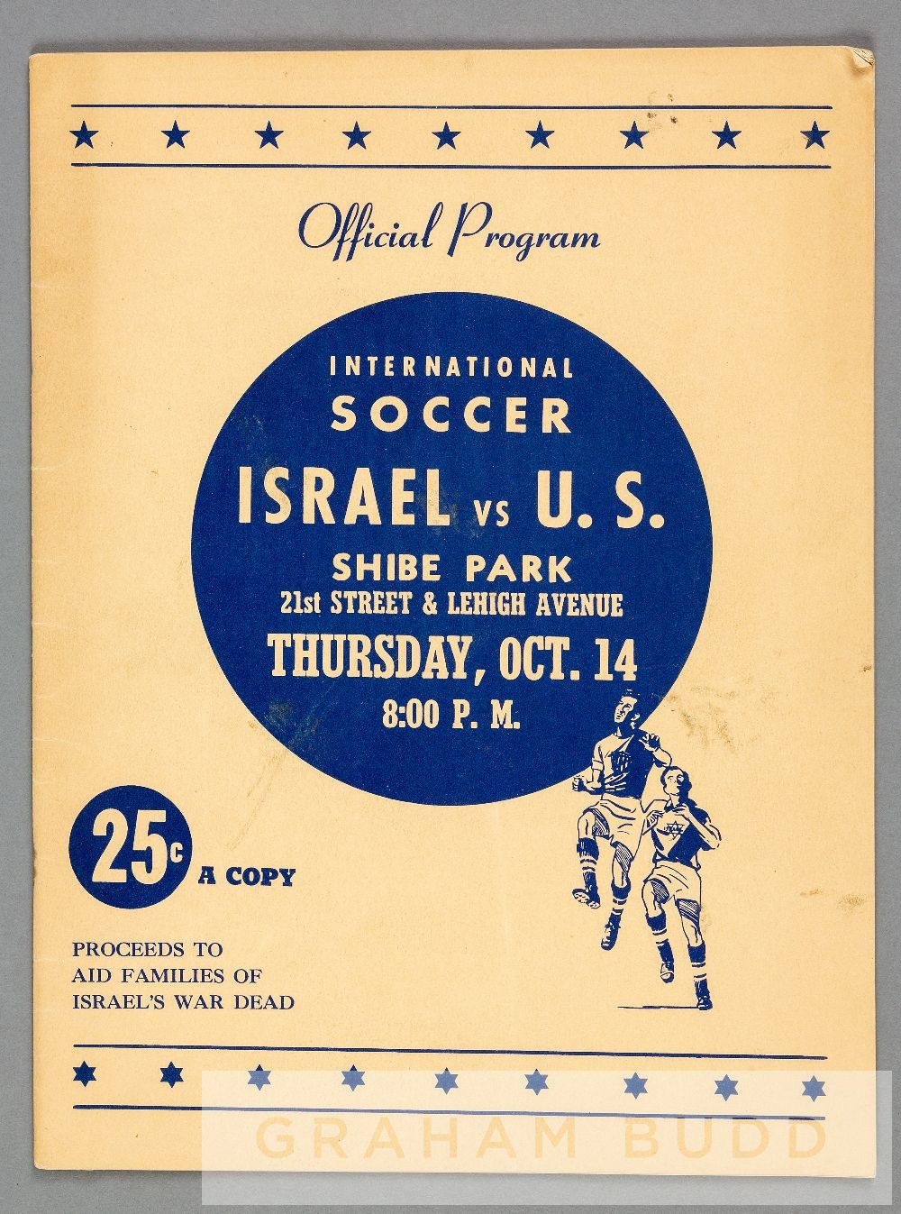 Official programme for the USA v Israel international soccer match, played at Shibe Park,