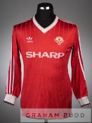 Red and white Manchester United no.16 substitute's home jersey, season 1983-84, long-sleeved,