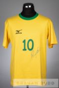 Rivaldo signed yellow and green Brazil retro jersey,  short-sleeved with Mizuno logo and number 10