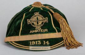 Northern Ireland Amateur international cap awarded in 1913-14, the green velvet cap with gilt tassel